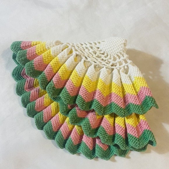 Handmade Crocheted Doily Pink Green Yellow White Ruffled 11” Vintage - Picture 1 of 9